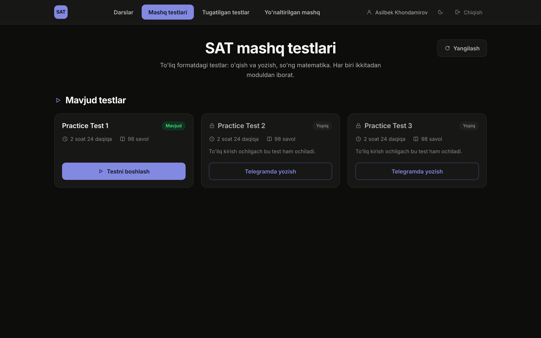 Mashq testlari ekrani